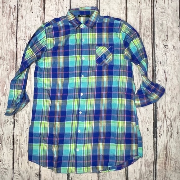 Lauren Polo Ralph Lauren Monogram Women's Plaid Button Down Preppy Bed Shirt - Picture 1 of 5